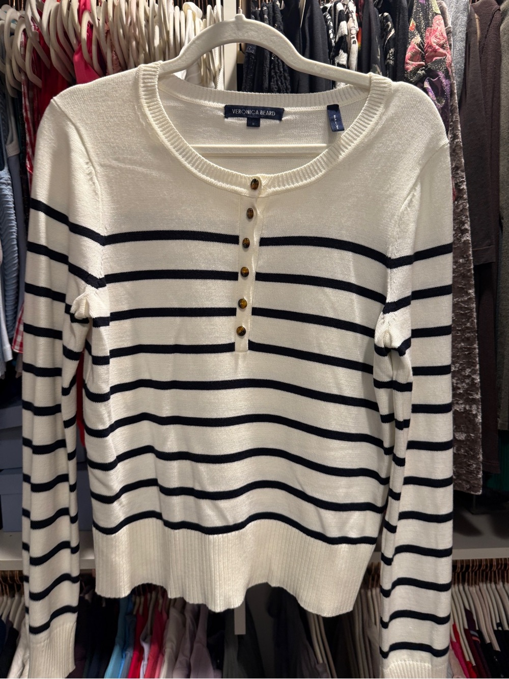 Veronica Beard Cream and Black Striped Henley Knit Top